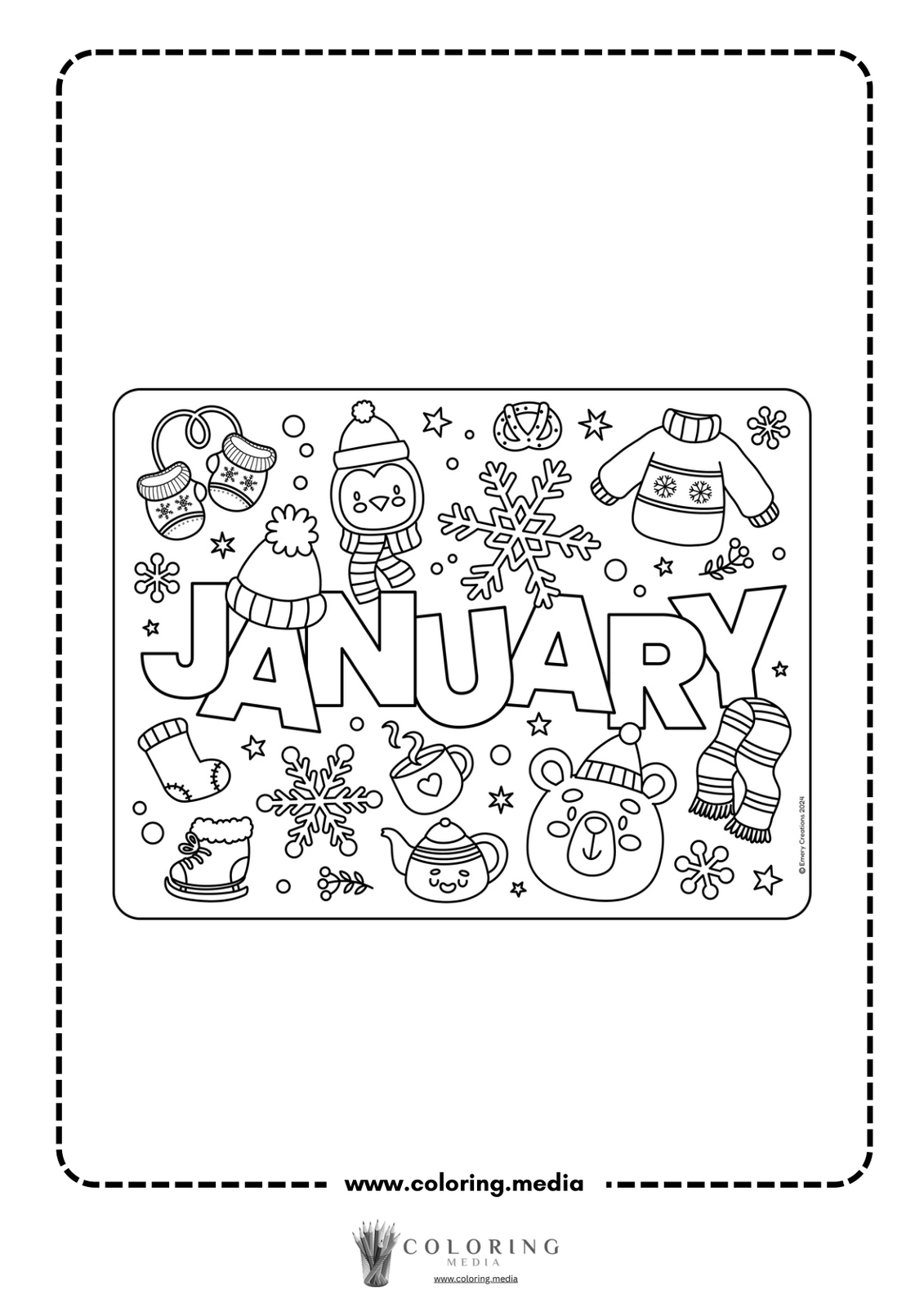 Coloring page featuring "JANUARY" surrounded by winter-themed illustrations.