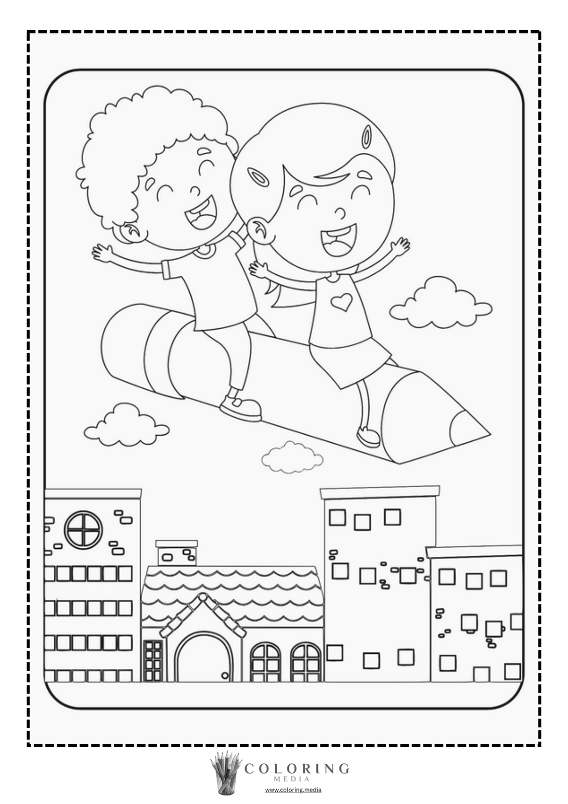 Two children joyfully ride a giant crayon above a cityscape.