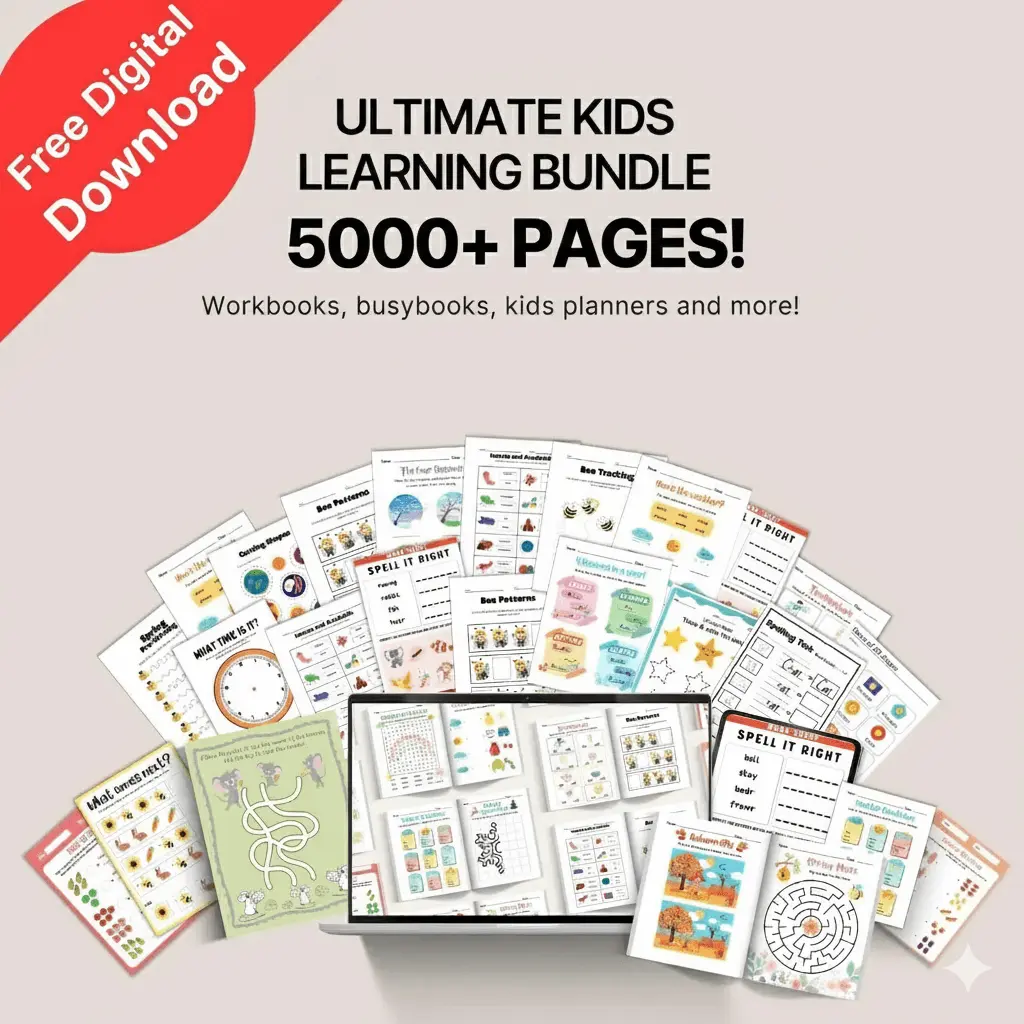 Colorful educational materials displayed, promoting a kids' learning bundle with over 5000 pages.