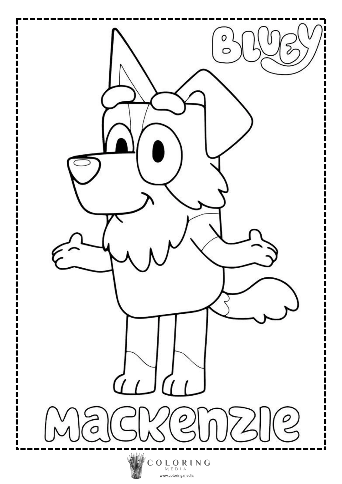 A cartoon dog named Mackenzie stands with arms outstretched, ready to play.