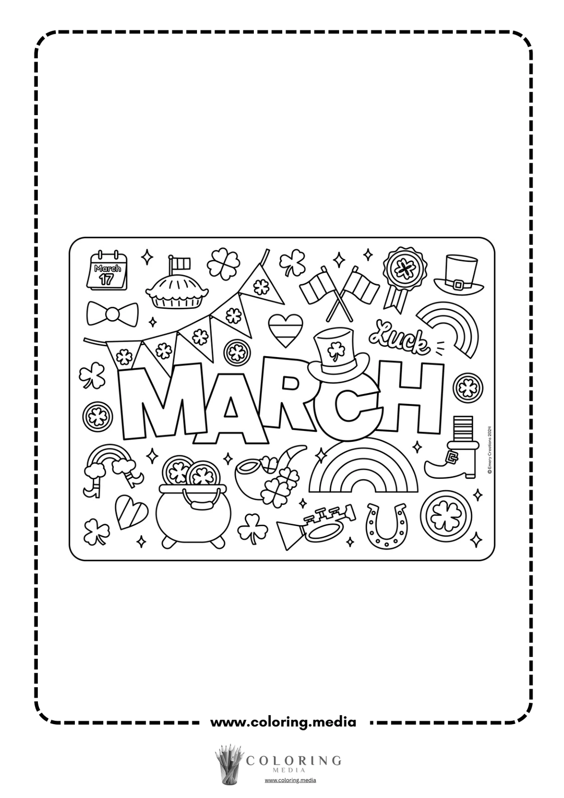 Coloring page featuring "MARCH" surrounded by festive symbols like shamrocks and rainbows.