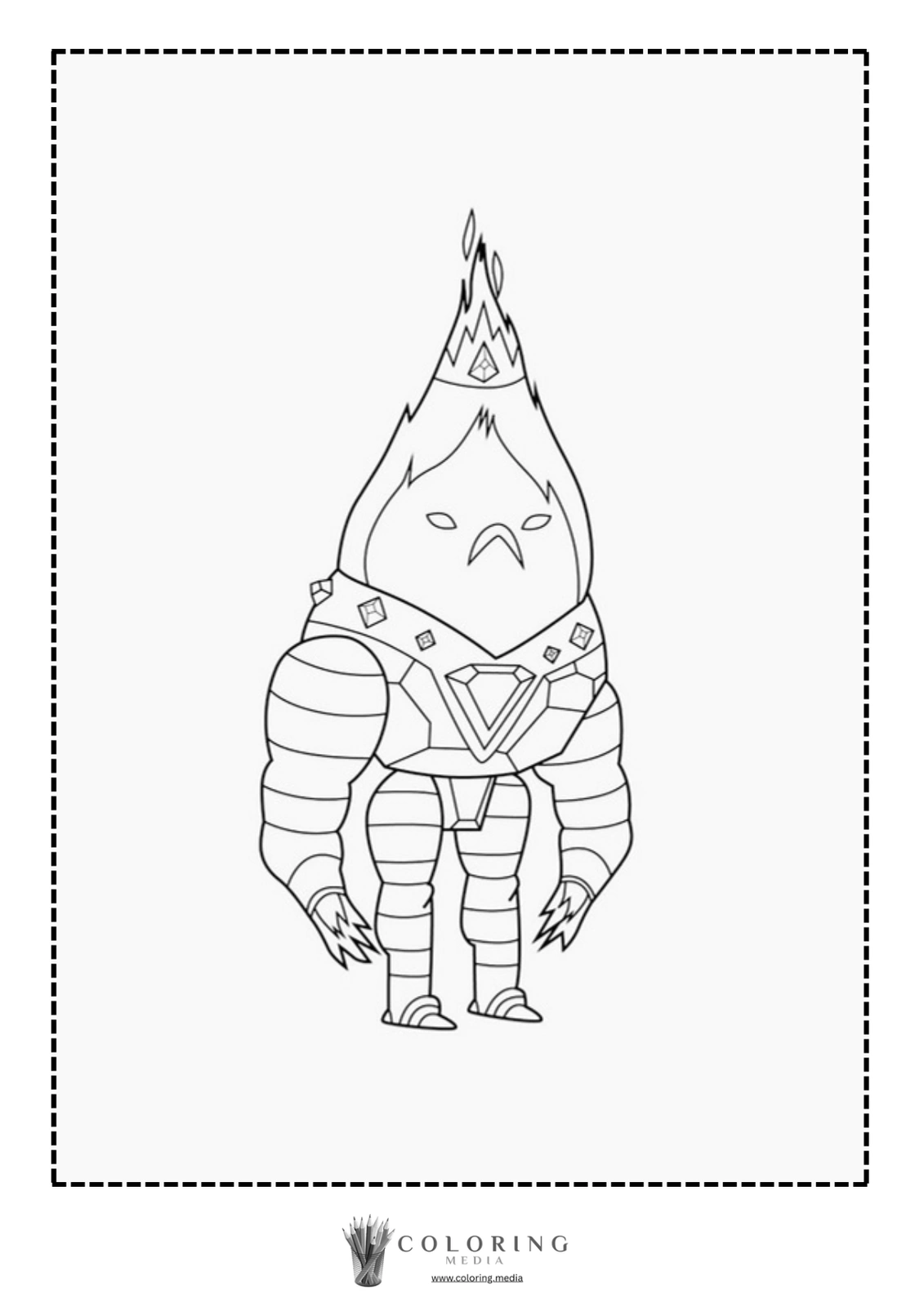 A cartoon character with a flame-shaped head and muscular arms stands confidently.