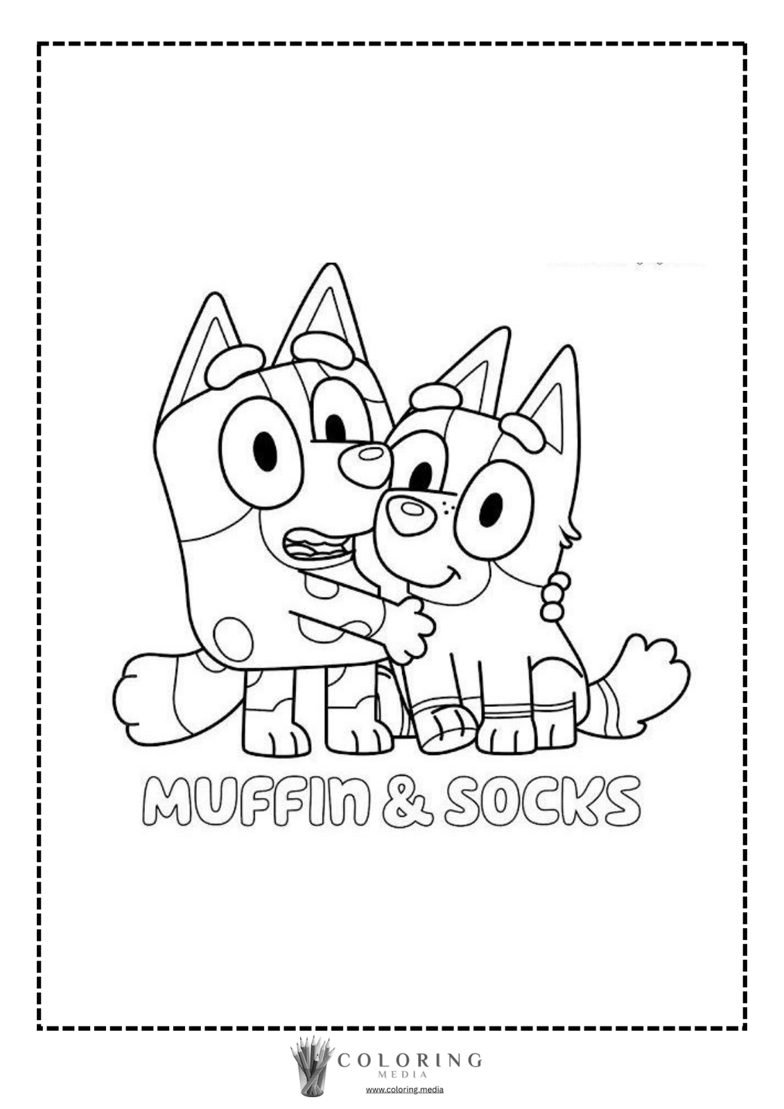 Two cartoon dogs, Muffin and Socks, are playfully hugging each other.