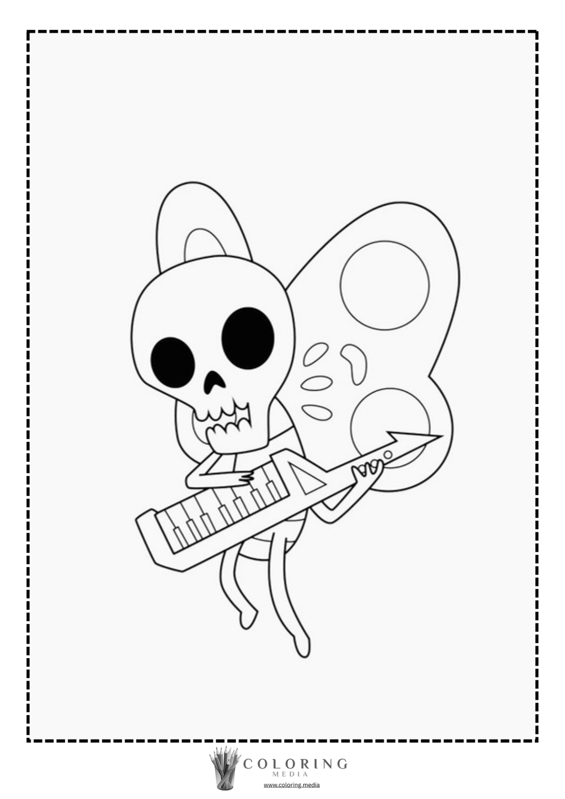A skeleton with butterfly wings plays a keyboard instrument.