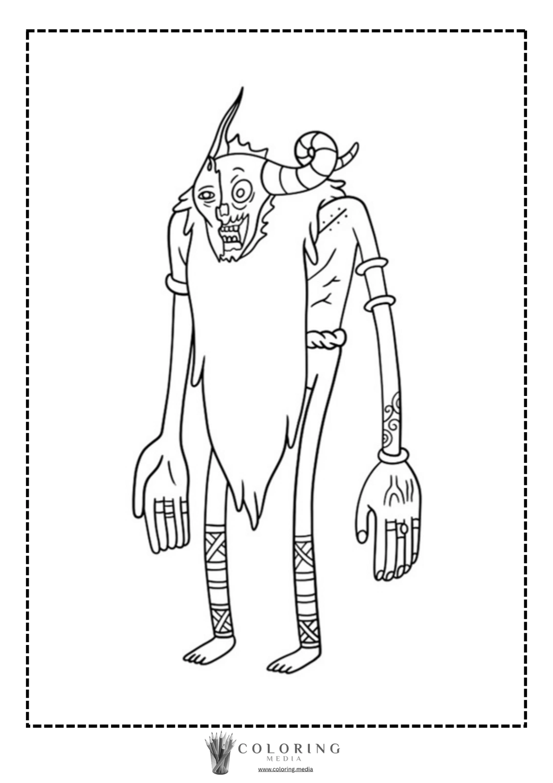 A tall, skeletal creature with horns and a beard stands with outstretched arms.