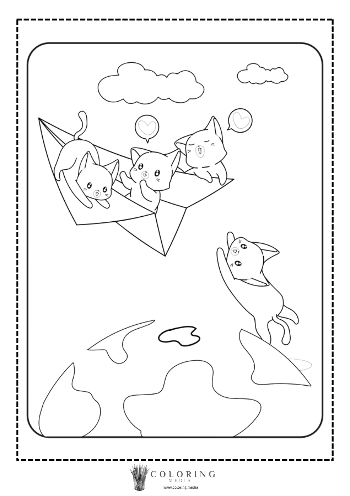 Four playful cats are enjoying a paper boat adventure above the Earth.