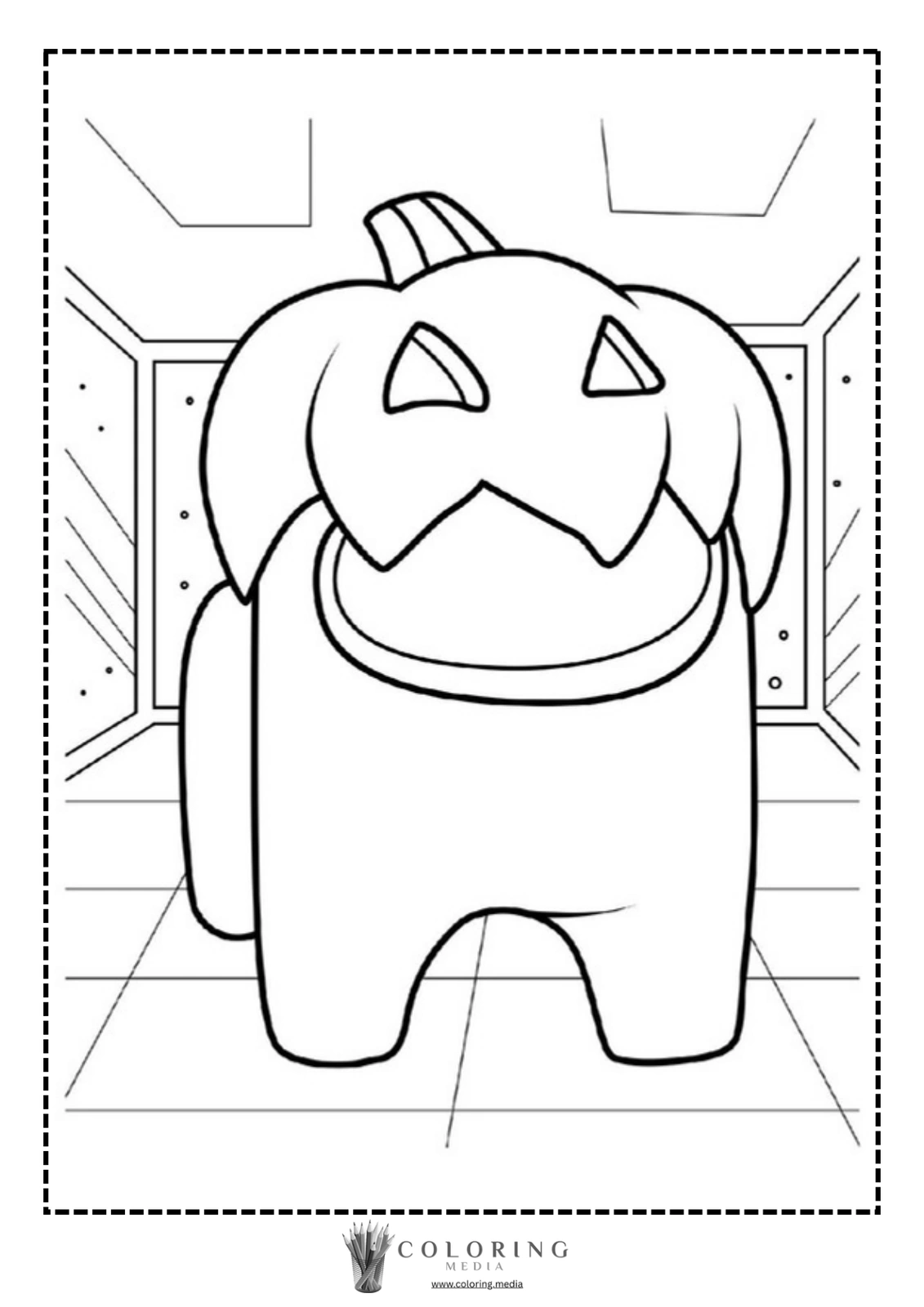 A character with a pumpkin head stands in a futuristic room.