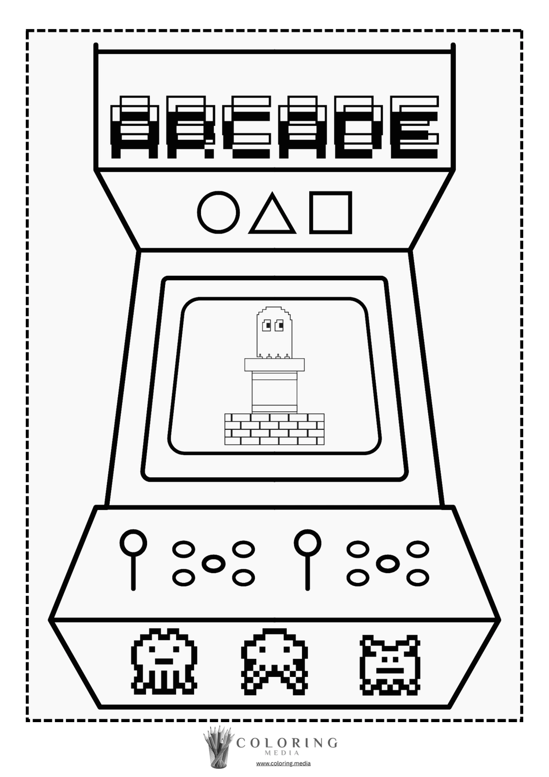 A retro arcade machine featuring a pixelated game screen and colorful controls.