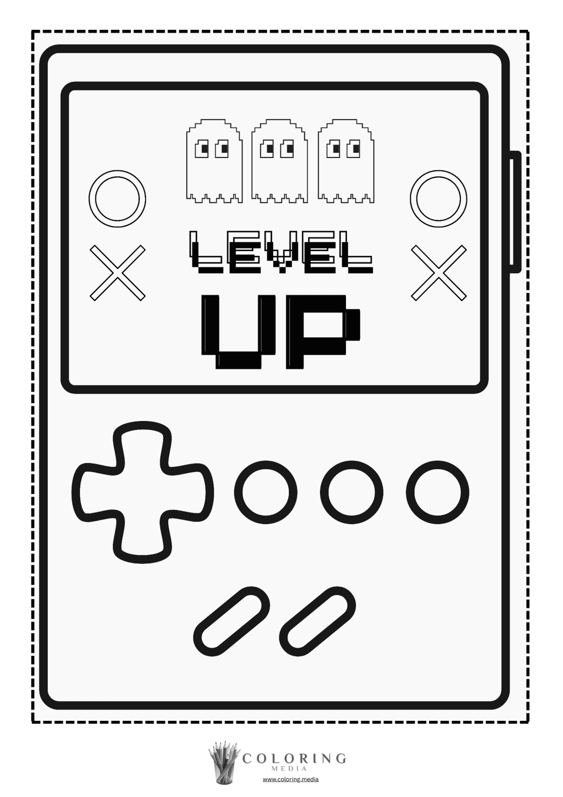 A retro handheld game console displays "LEVEL UP" and ghost characters.