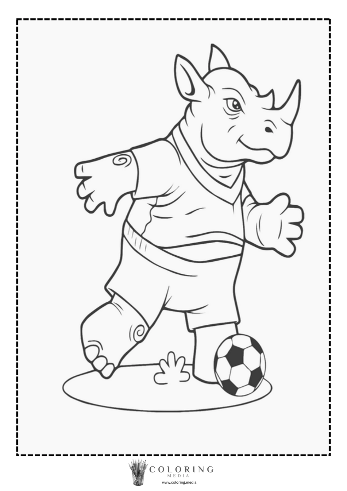 A cartoon rhinoceros in a soccer uniform is kicking a soccer ball.