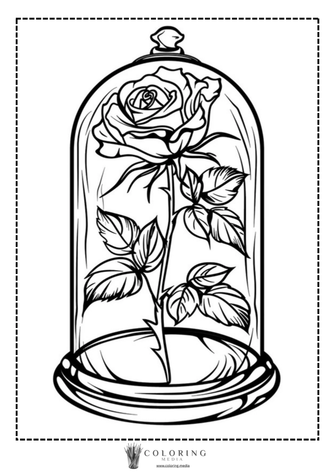 A rose enclosed in a glass cloche, resting on a circular base.