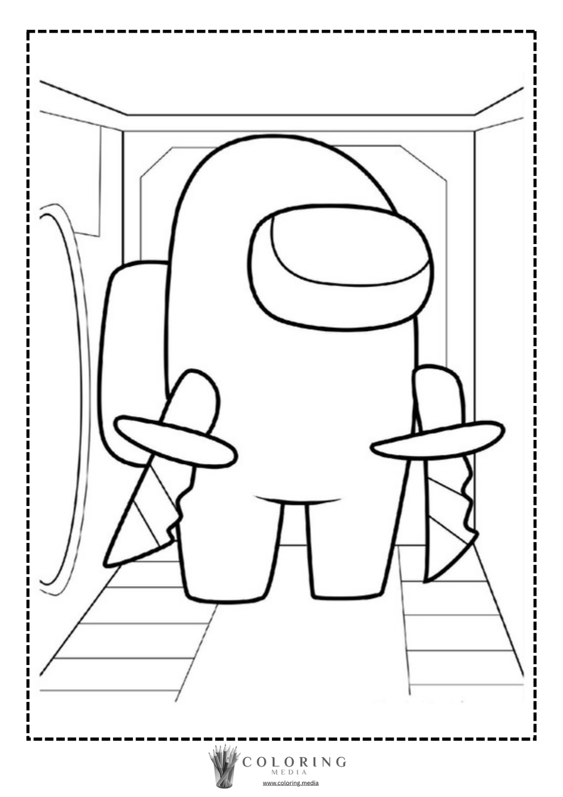 A cartoon character stands in a spaceship hallway, holding a knife.