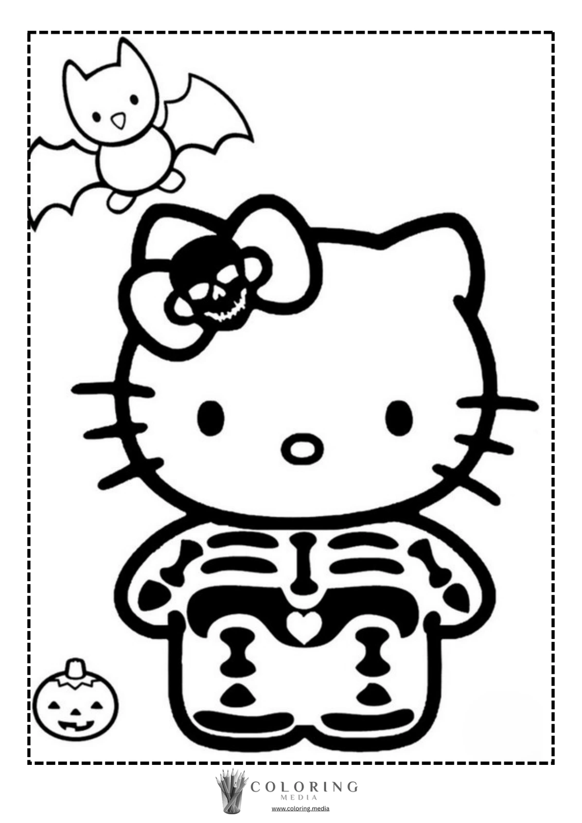 Hello Kitty dressed as a skeleton, with a bat and pumpkin nearby.