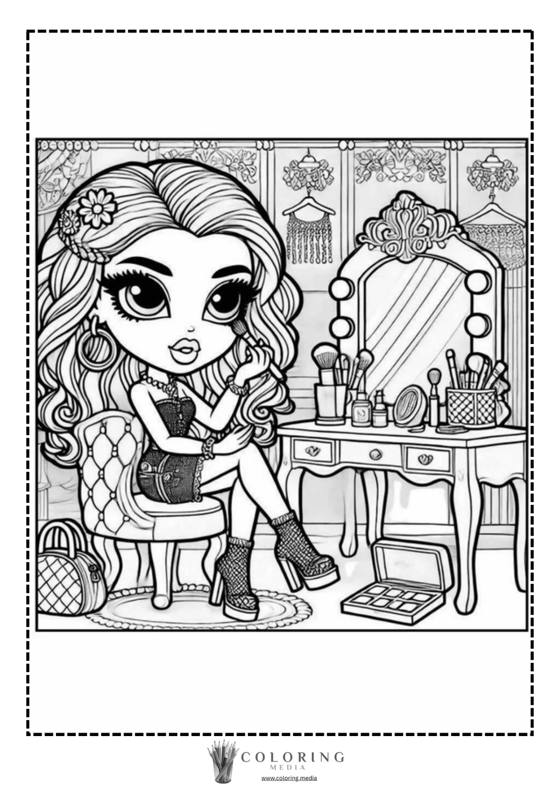 A girl applies makeup in front of a vanity mirror surrounded by beauty products.