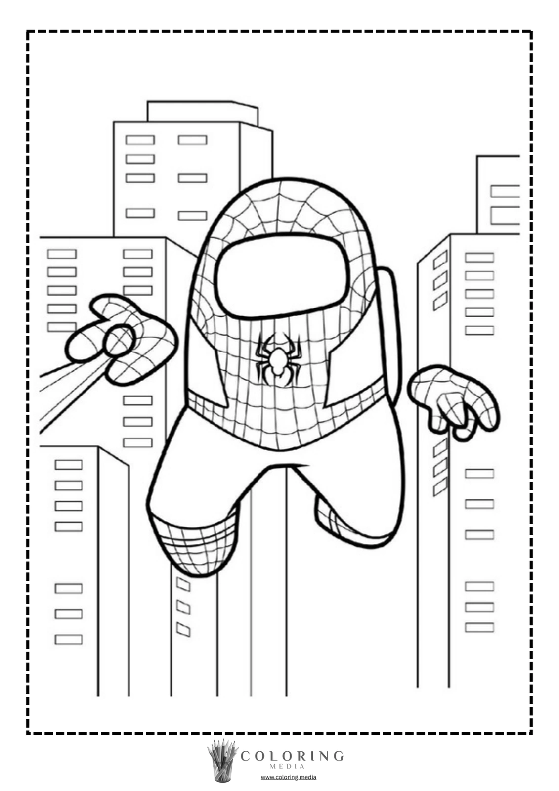 A superhero in a web-patterned suit swings between skyscrapers.