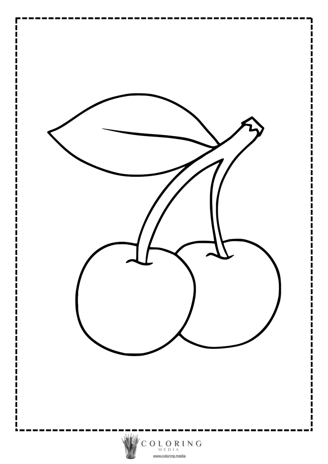 Two cherries with a leaf, outlined for coloring.