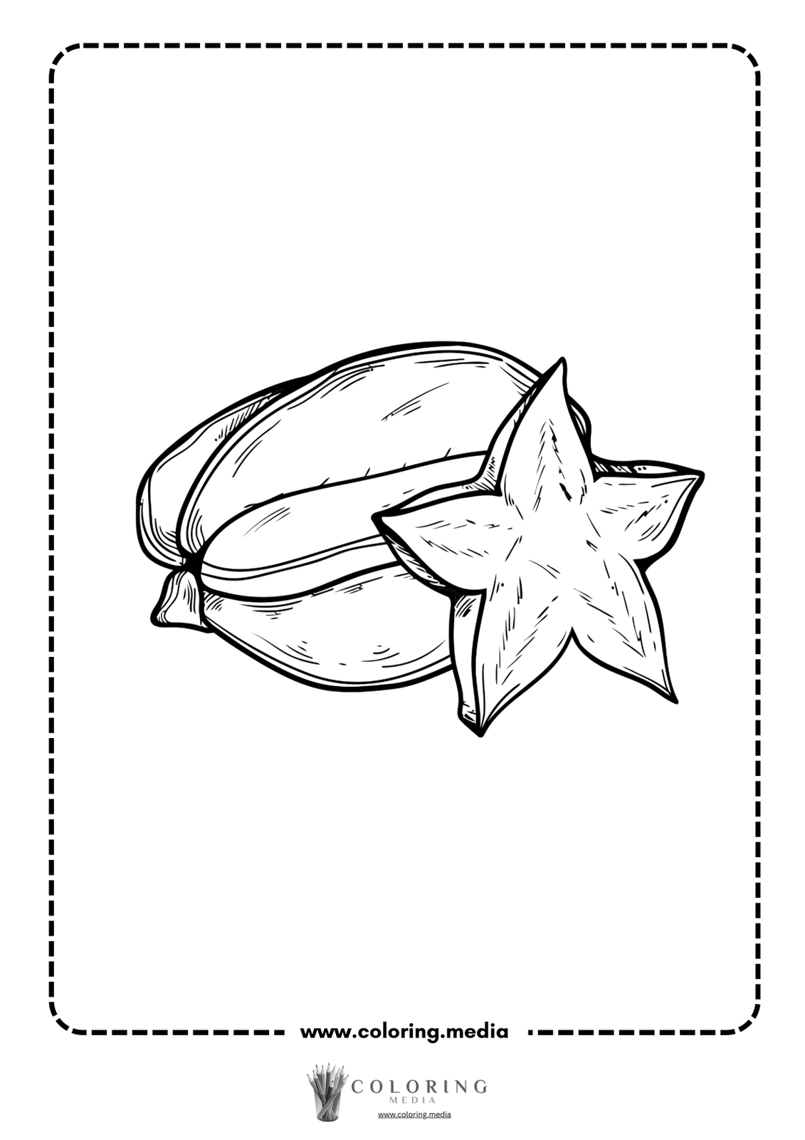 A starfruit and a banana are illustrated together in a coloring page design.