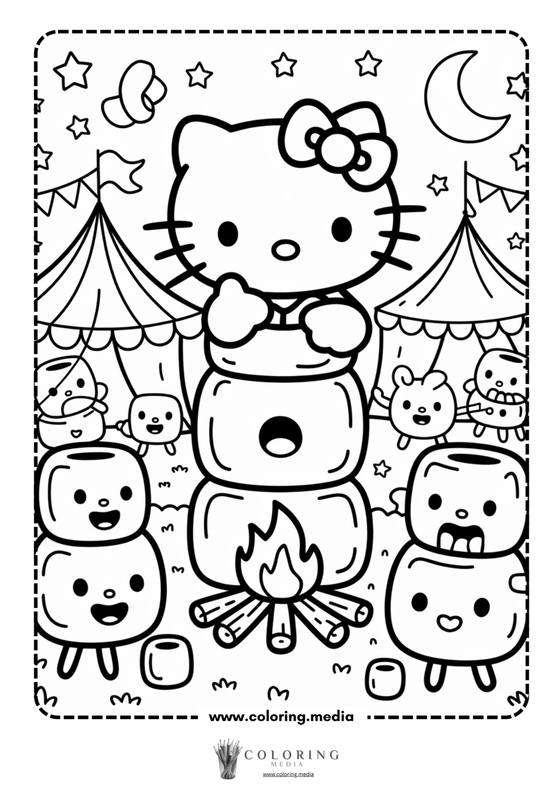 Hello Kitty stands on marshmallows, preparing to roast them over a campfire.