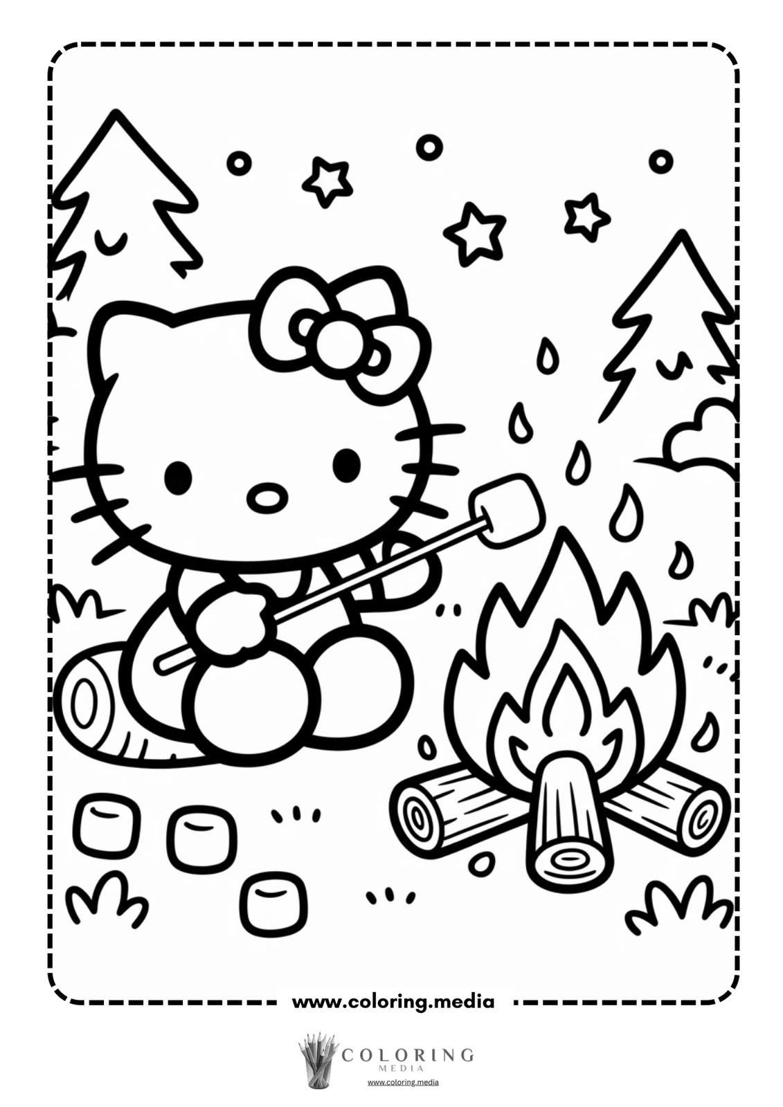 Hello Kitty roasting marshmallows over a campfire surrounded by trees and stars.