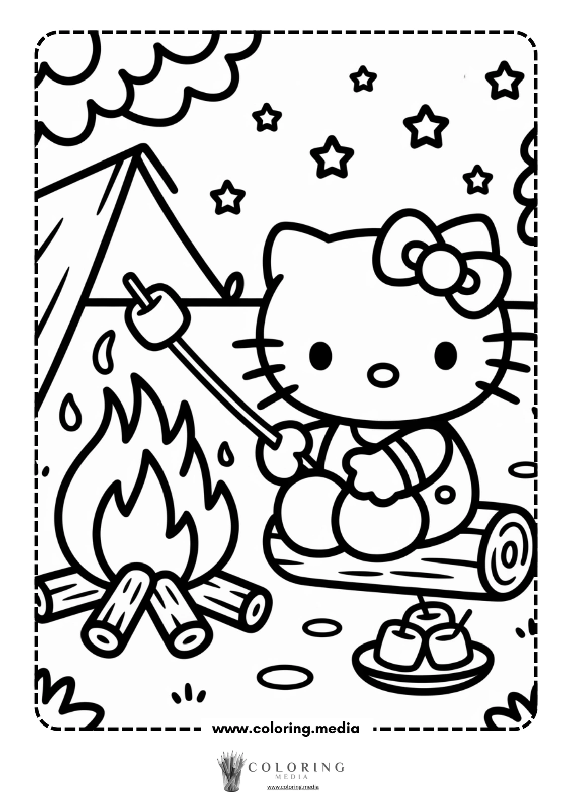 Hello Kitty sits by a campfire, roasting marshmallows on a stick.