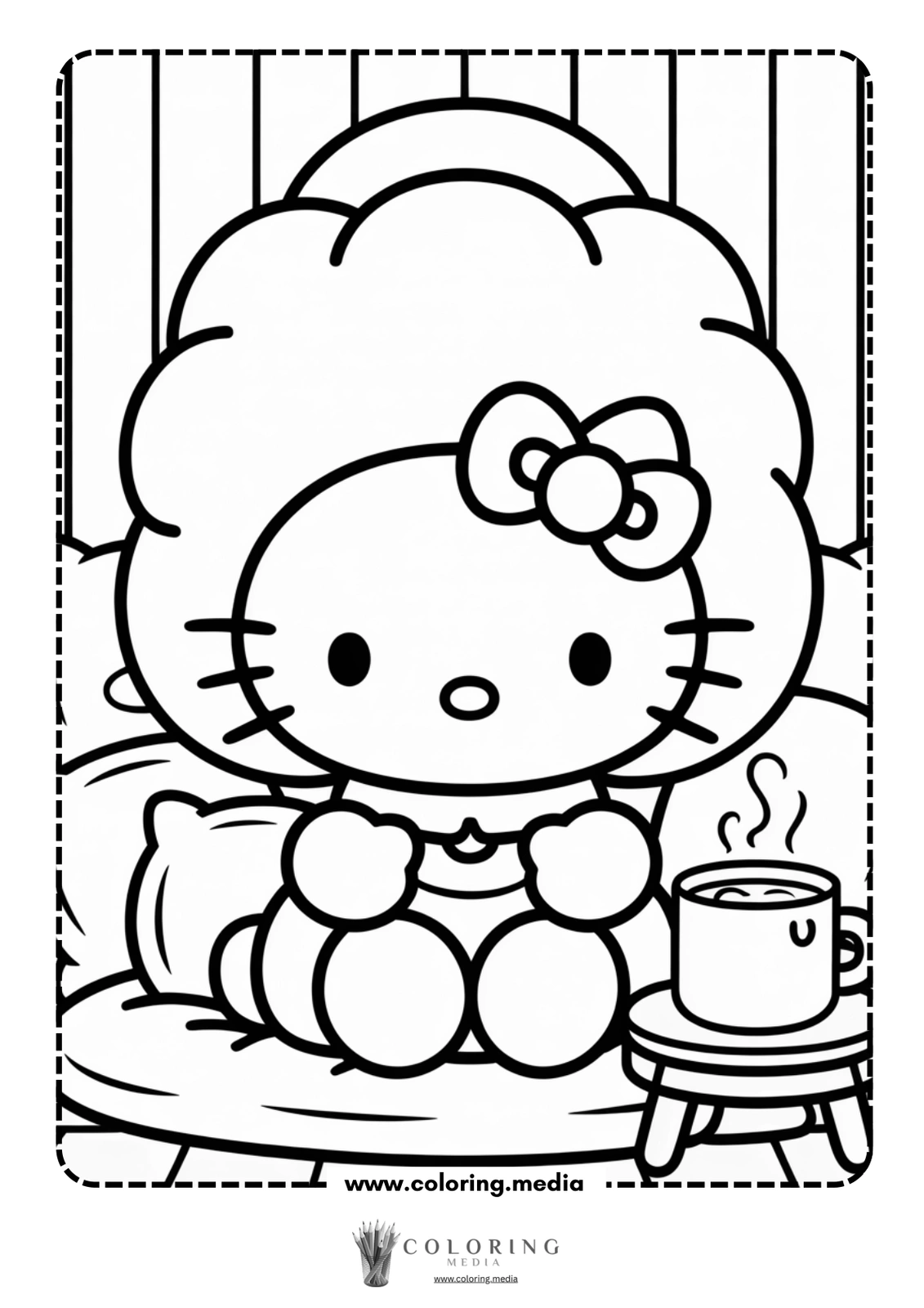 Hello Kitty sits on a couch, holding a cup of steaming drink.