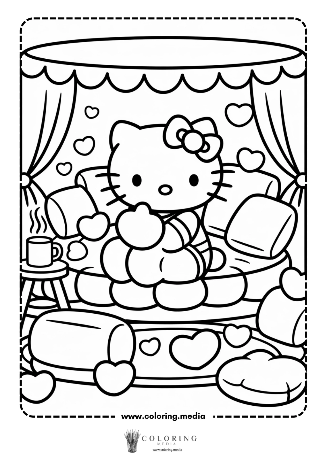 Hello Kitty sits on a cozy couch surrounded by hearts and pillows.