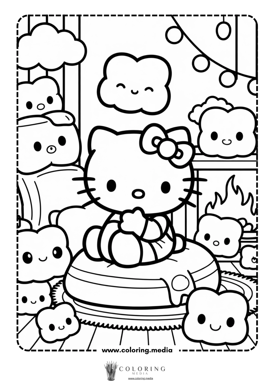 Hello Kitty sits on a cushion surrounded by smiling clouds and a cozy fireplace.