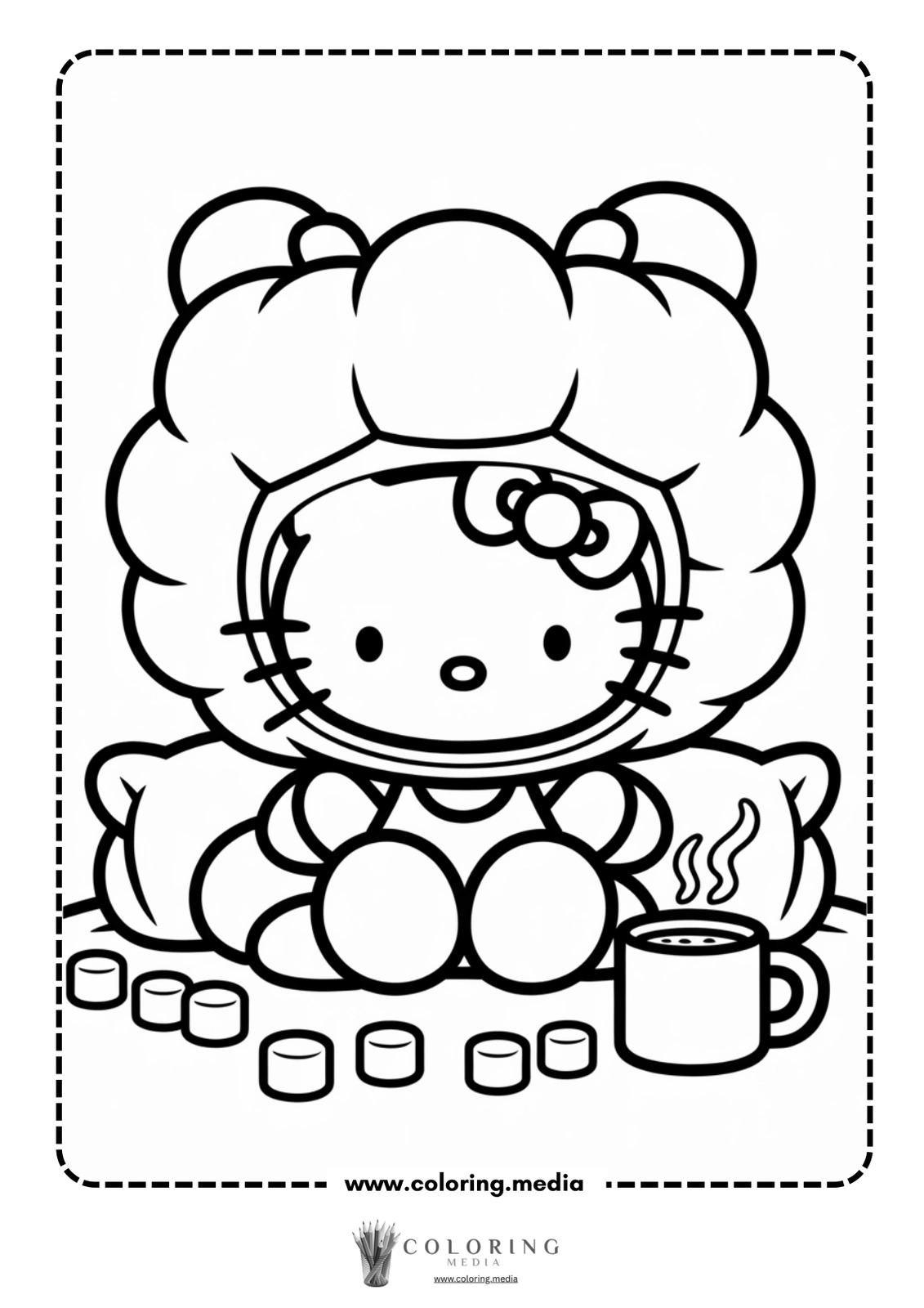 Hello Kitty sits cozy with a cup of hot chocolate and marshmallows.