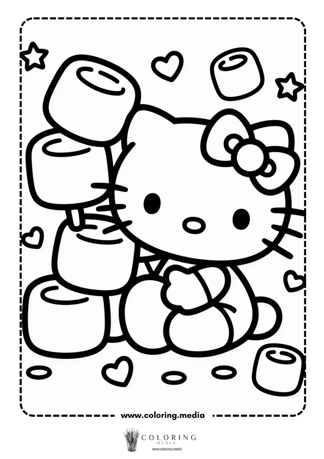 Hello Kitty sits with marshmallows, surrounded by hearts and stars.