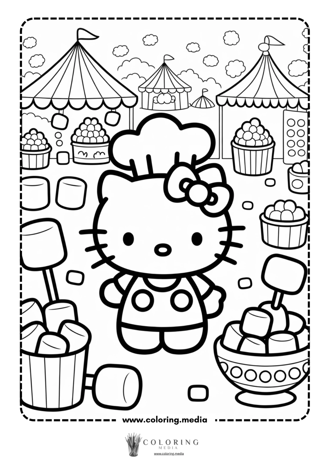 Hello Kitty, wearing a chef hat, stands among colorful desserts and treats.
