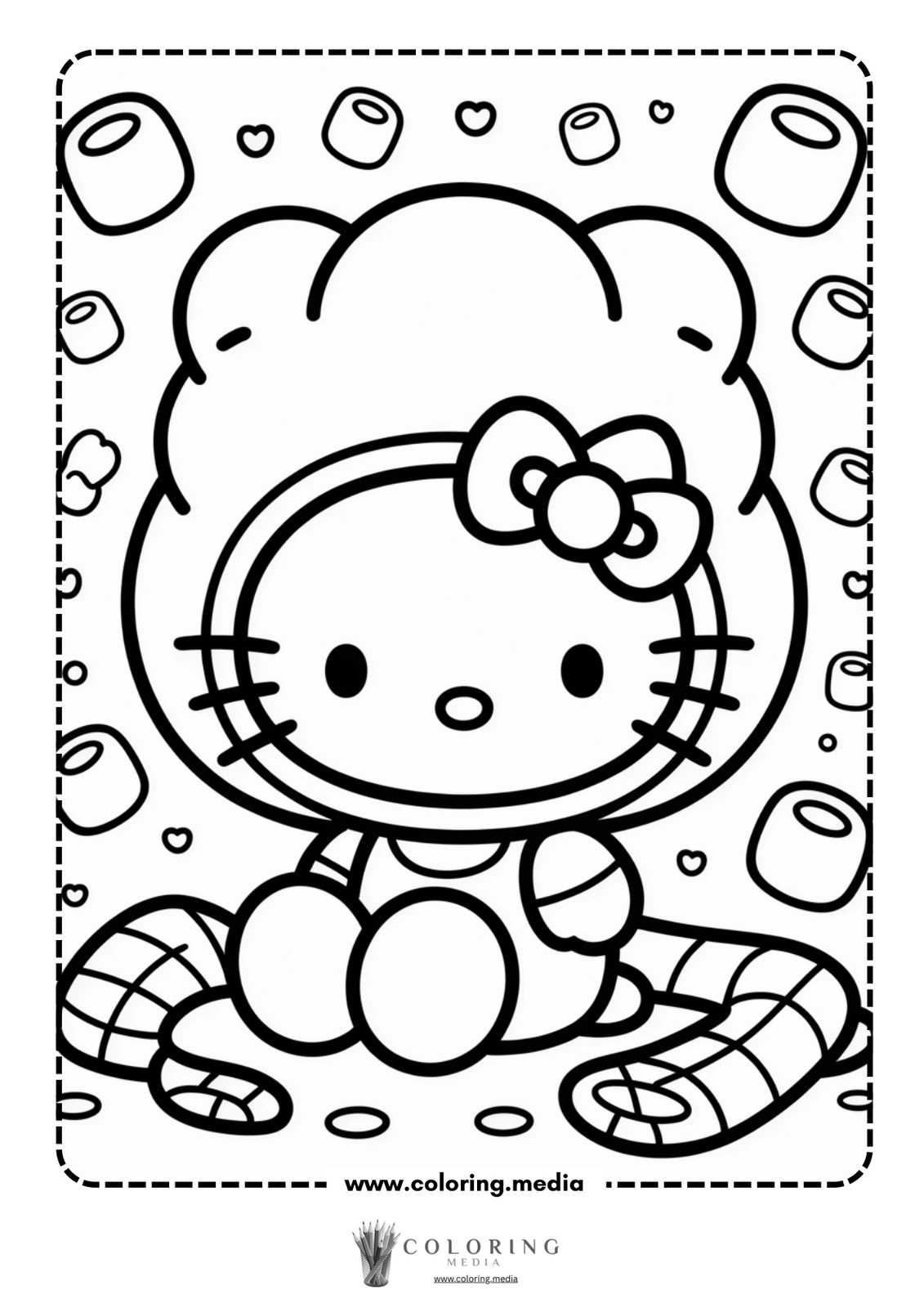 Hello Kitty dressed as a lion, surrounded by marshmallows and hearts.