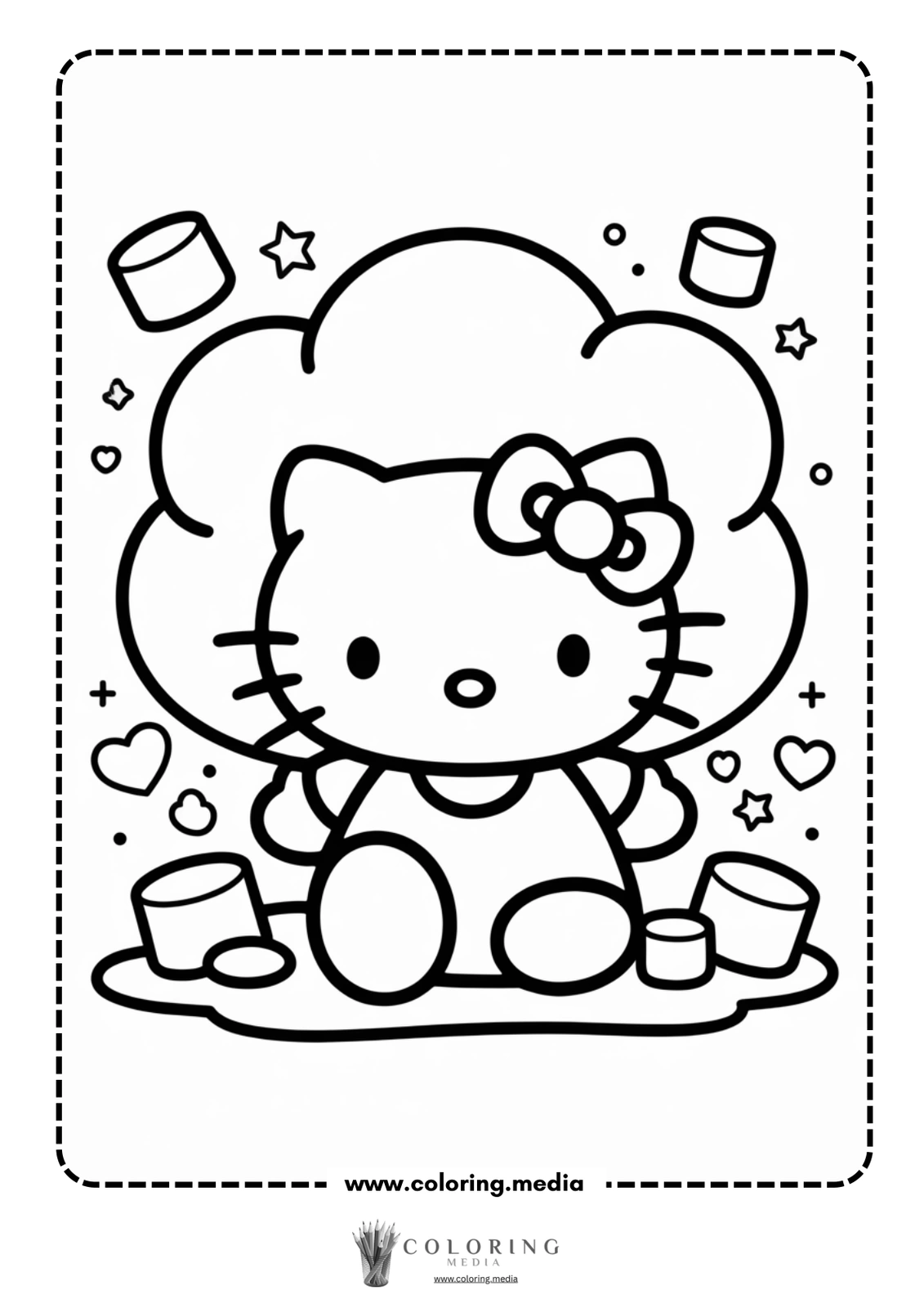 Hello Kitty sits surrounded by stars and hearts, ready for coloring.