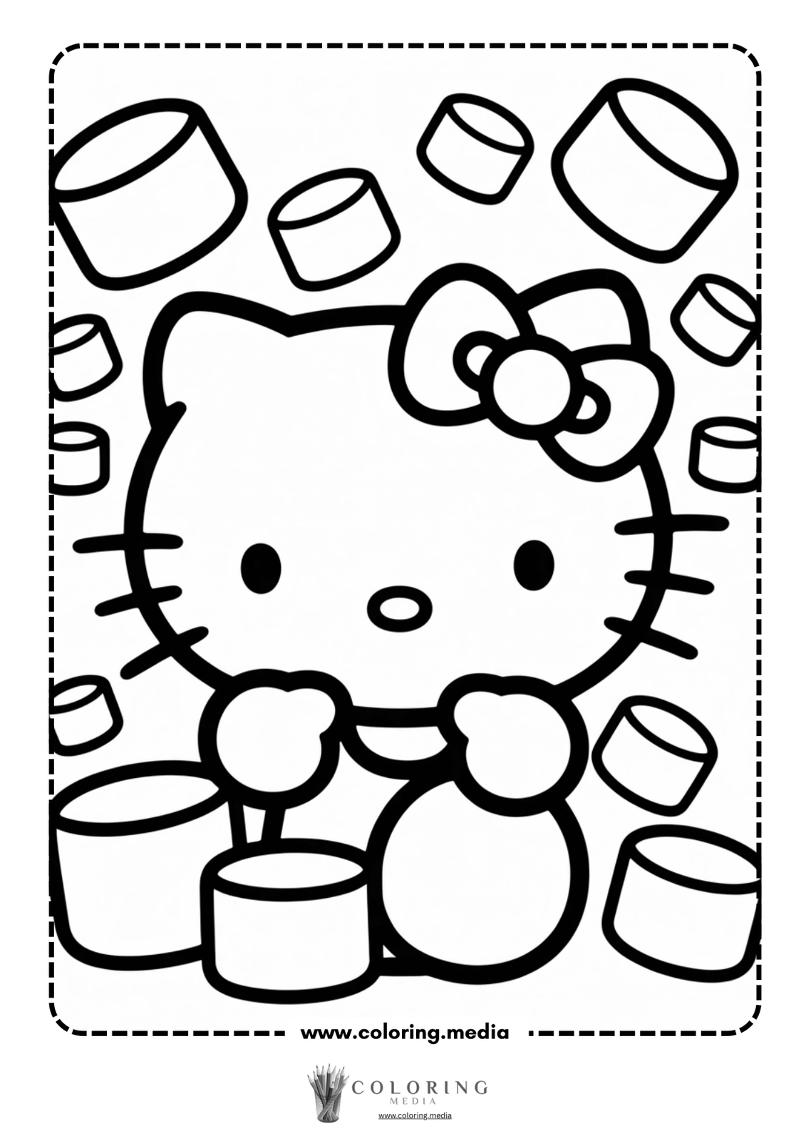 Hello Kitty holds a bowl surrounded by marshmallows, ready for a treat.