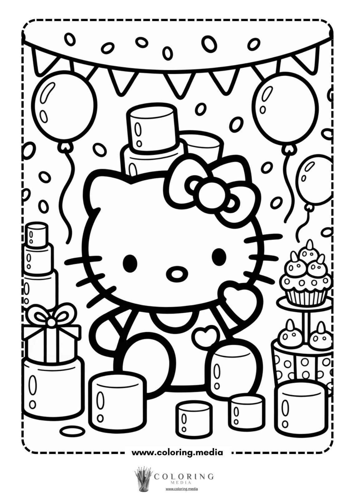 Hello Kitty surrounded by gifts, balloons, and a cupcake tower, smiling happily.