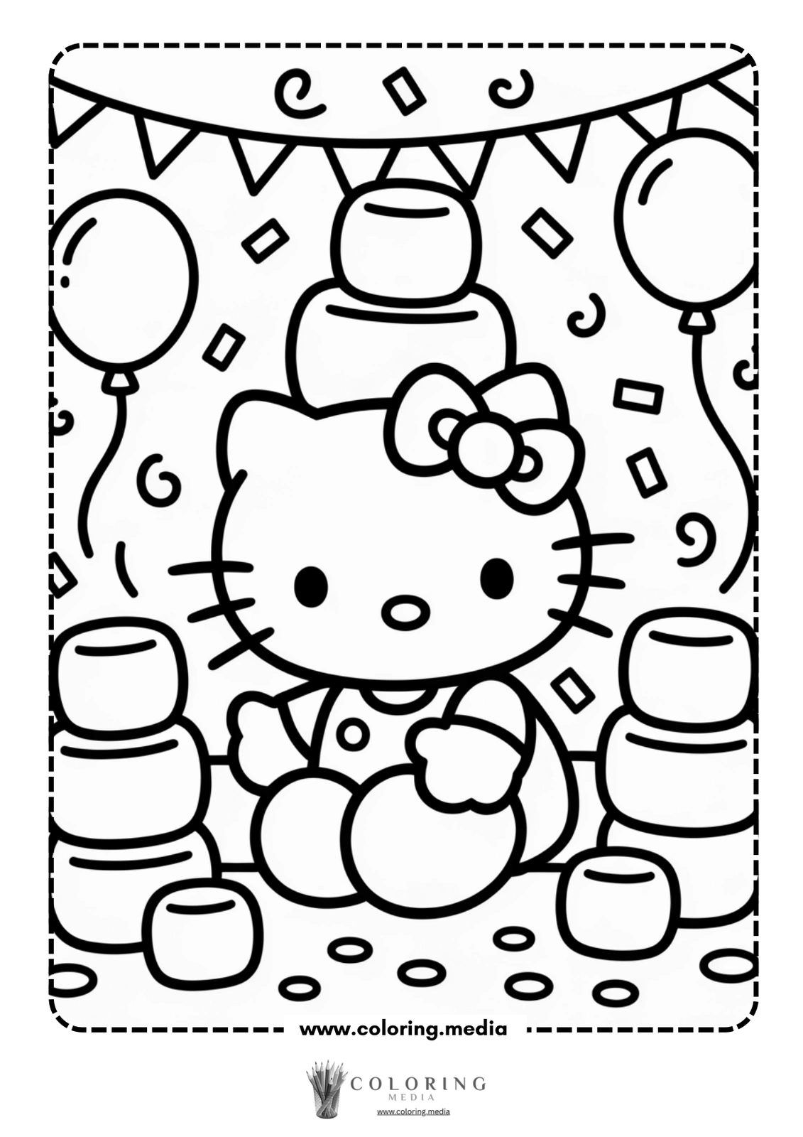 Hello Kitty sits surrounded by balloons and festive decorations, smiling happily.