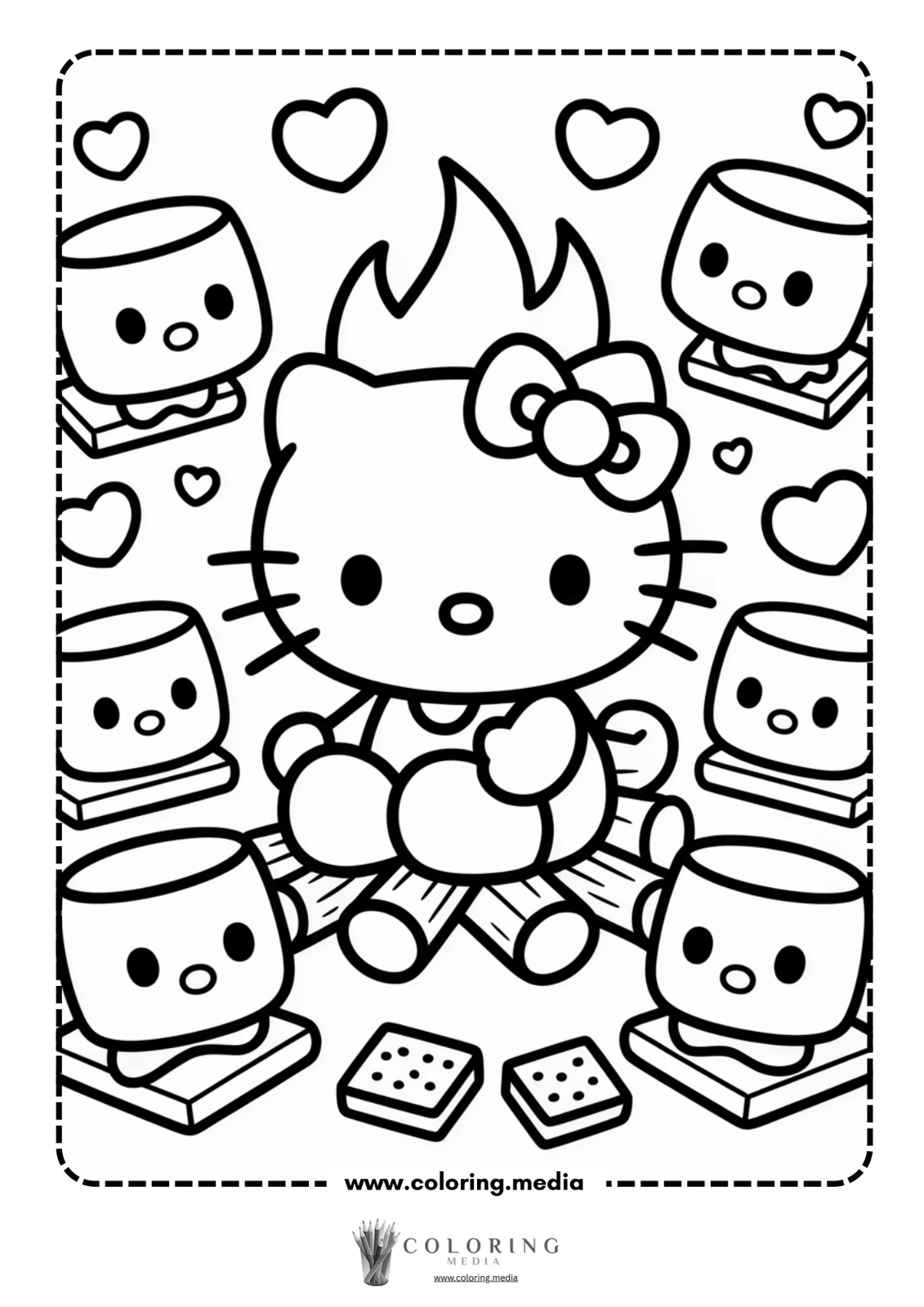 Hello Kitty sits by a campfire surrounded by cute marshmallow characters.