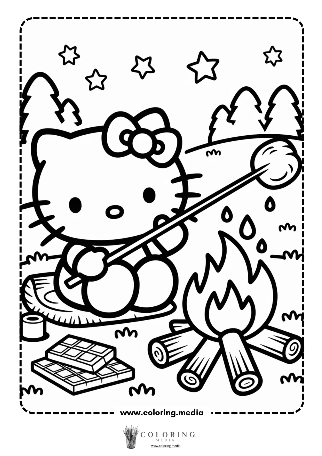 Hello Kitty roasting a marshmallow over a campfire in a forest setting.