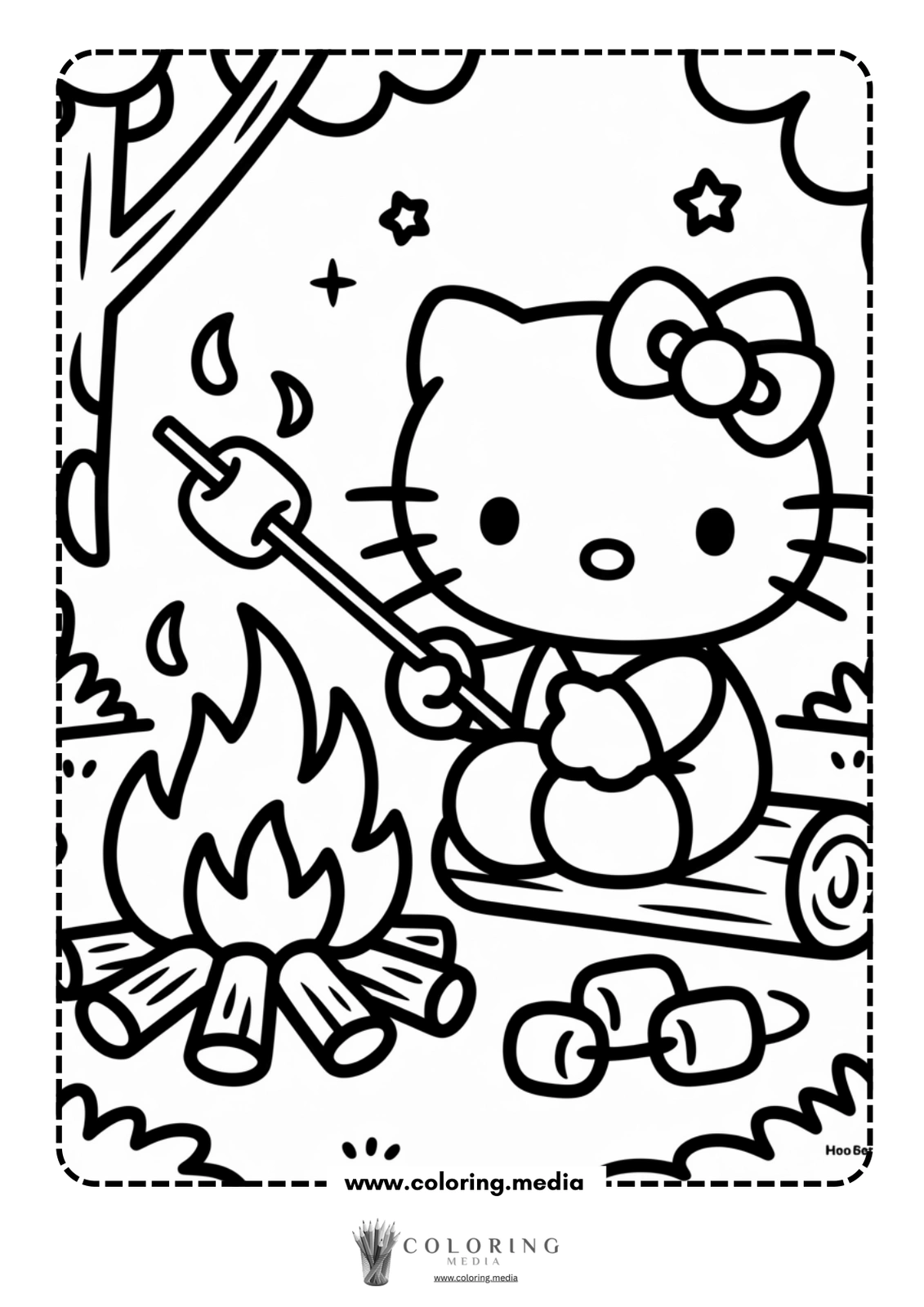 Hello Kitty sits by a campfire, roasting marshmallows on a stick.