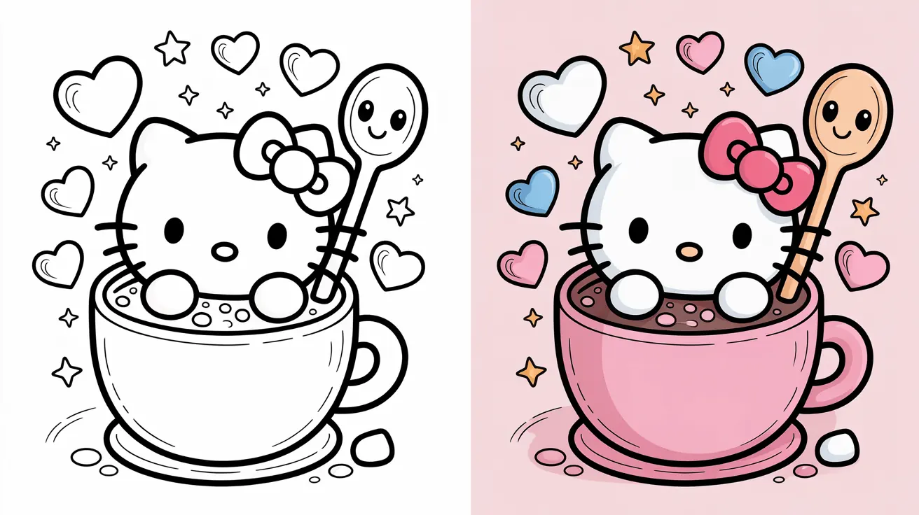 Hello Kitty sits in a cup, surrounded by hearts and a smiling spoon.