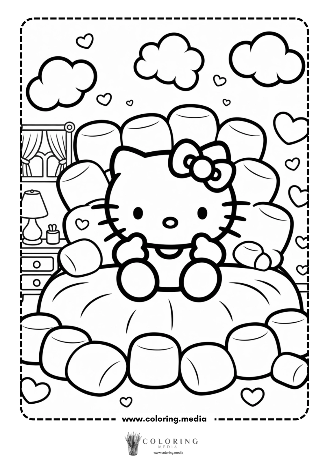 Hello Kitty sits on a fluffy bed surrounded by clouds and hearts.