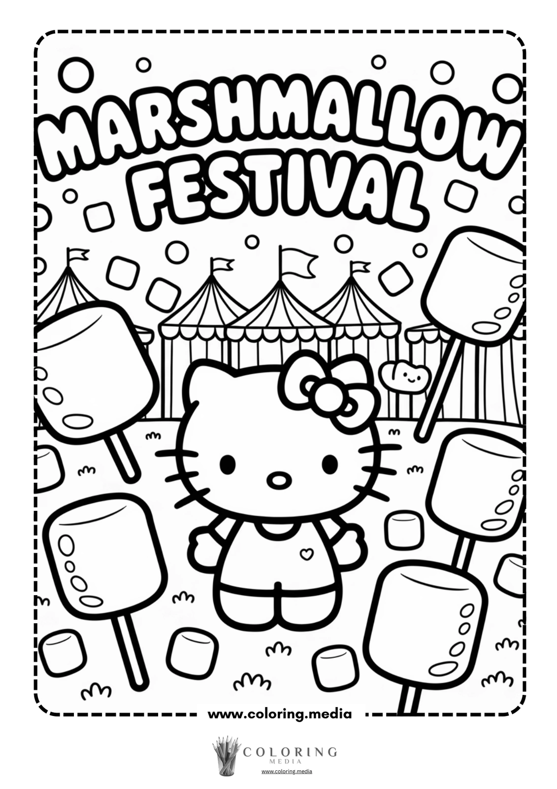 Hello Kitty stands among marshmallows at a festive event, surrounded by tents.