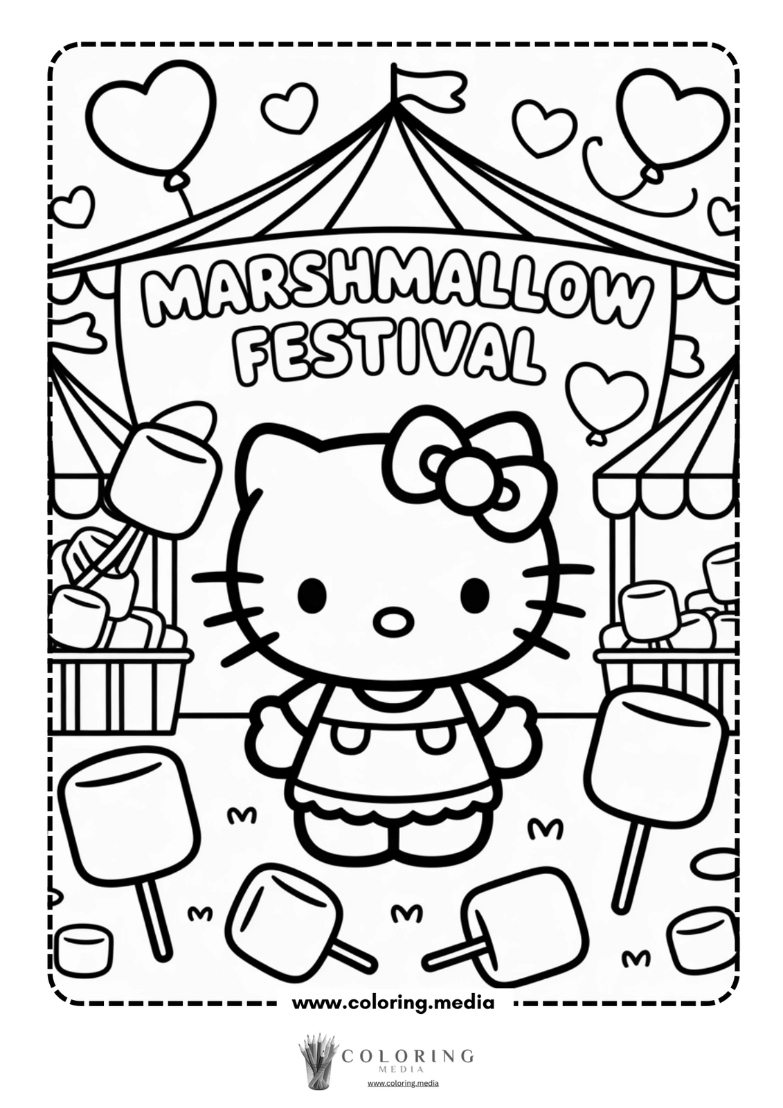 Hello Kitty stands at a marshmallow festival surrounded by marshmallows and decorations.