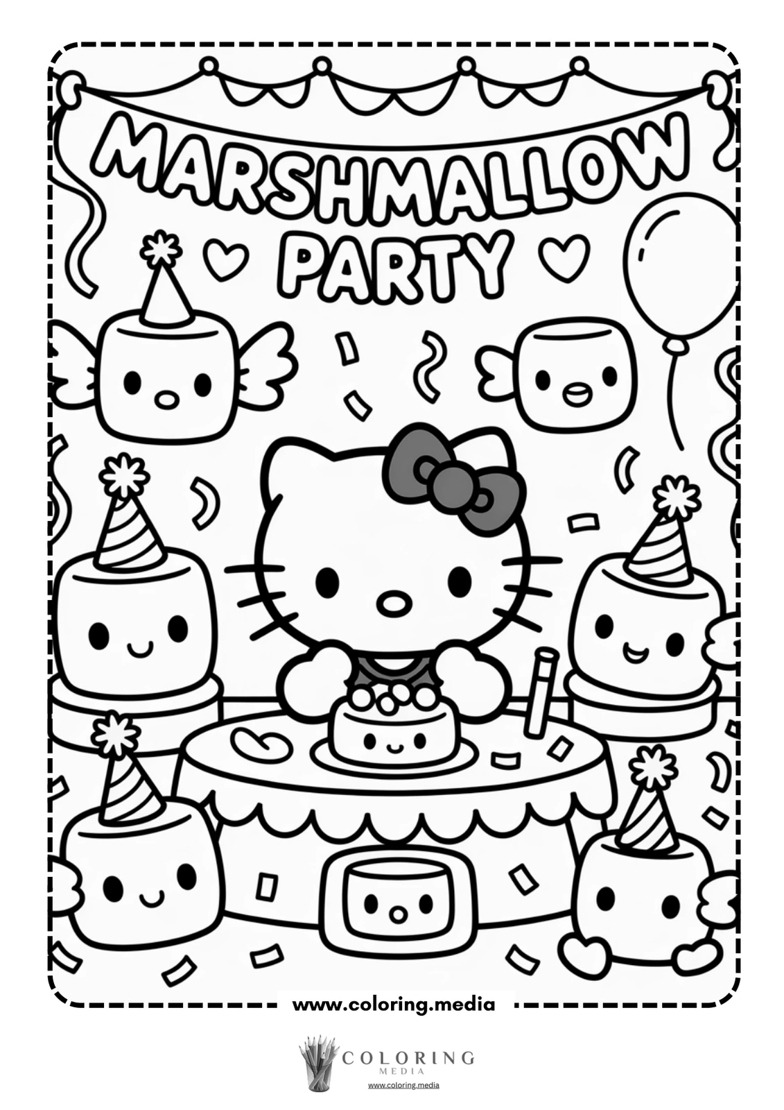 Hello Kitty celebrates a marshmallow party with festive decorations and a cake.