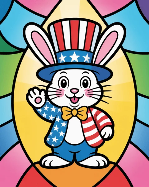 A patriotic rabbit in a top hat waves, wearing a stars-and-stripes outfit.