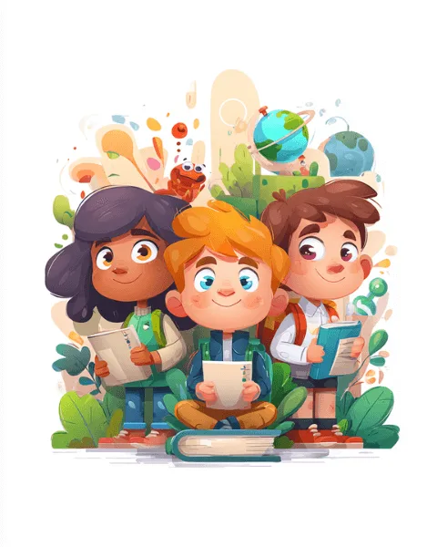 Three cheerful children hold books and notebooks, surrounded by colorful plants and educational symbols.