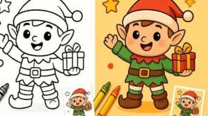 Cute Kawaii Christmas Elf Coloring Pages featured image