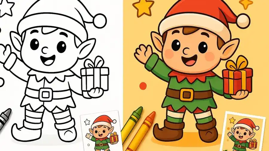 Cute Kawaii Christmas Elf Coloring Pages featured image