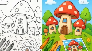 Reverse Fantasy Mushroom Village Coloring Pages featured image