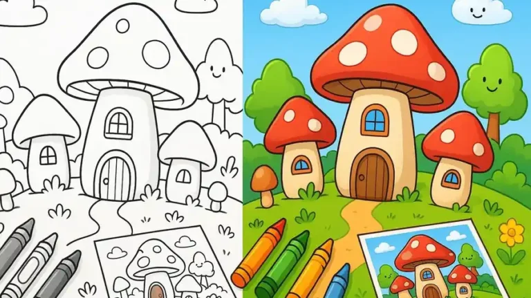 Reverse Fantasy Mushroom Village Coloring Pages featured image