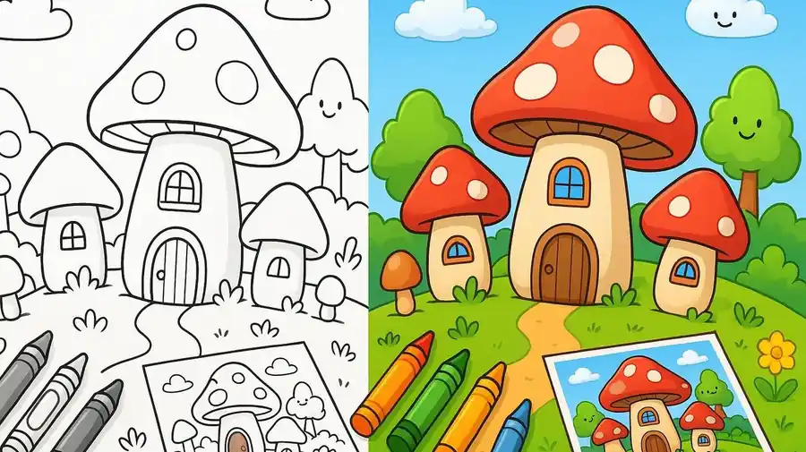 Reverse Fantasy Mushroom Village Coloring Pages featured image